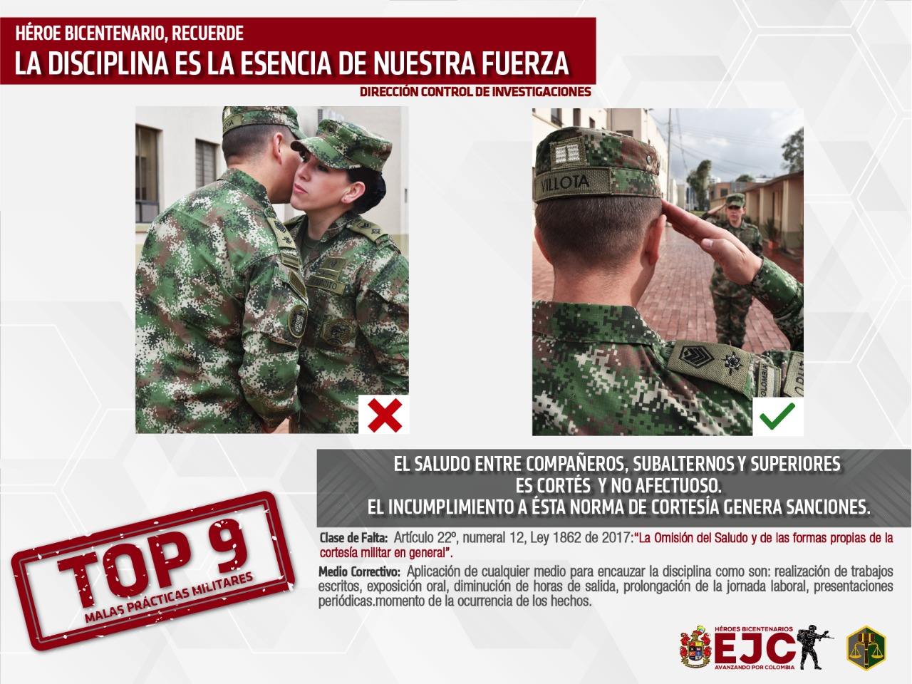 10. Top 9 El saludo entre compañeros, subalternos y superiores es cortes y no afectuoso. El incumplimiento a esta norma de cortesía genera sanciones