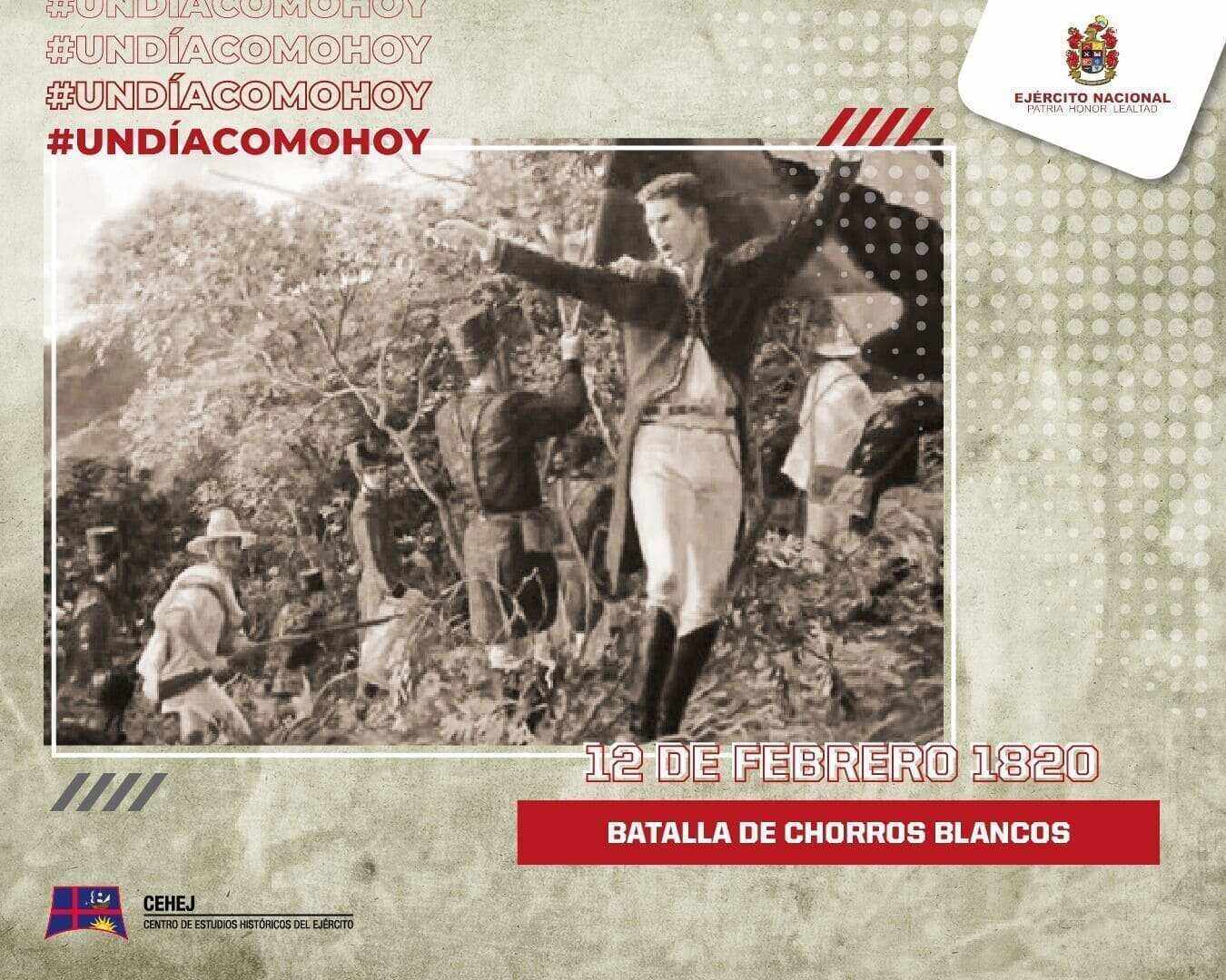 El día de hoy se recuerda la batalla que otorgó la independencia definitiva de Antioquia del yugo español. El 12 de febrero de 1820, el Batallón de infantería Cazadores de la Nueva Granada al mando del Coronel José María Córdova derrotó al último destacamento realista de la región en la quebrada Chorros Blancos en San Luis de Góngora (Yarumal). El triunfo de los patriotas logró la adhesión de esta importante provincia del noroccidente al proyecto republicano y permitió que se retomara el control de la navegación por el río Magdalena.