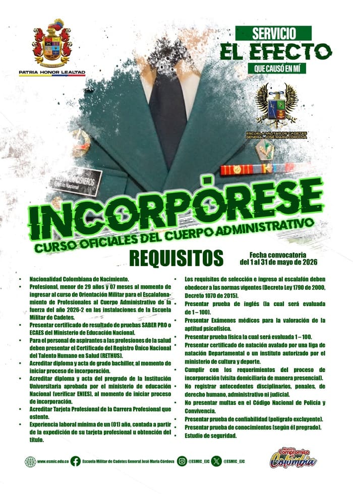 Diferentes áreas del conocimiento podrán participar en el proceso de incorporación. Esta es una oportunidad para servir al país desde sus capacidades profesionales y proyectar una carrera al servicio de la institución militar