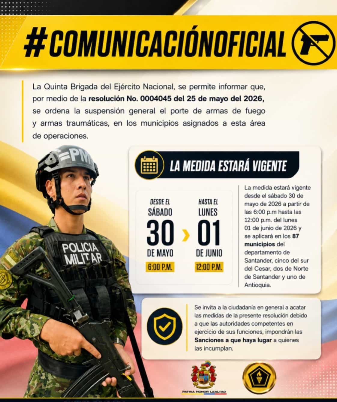 Quinta Brigada suspende el porte de armas en su área de operaciones en el marco de las elecciones presidenciales 2026